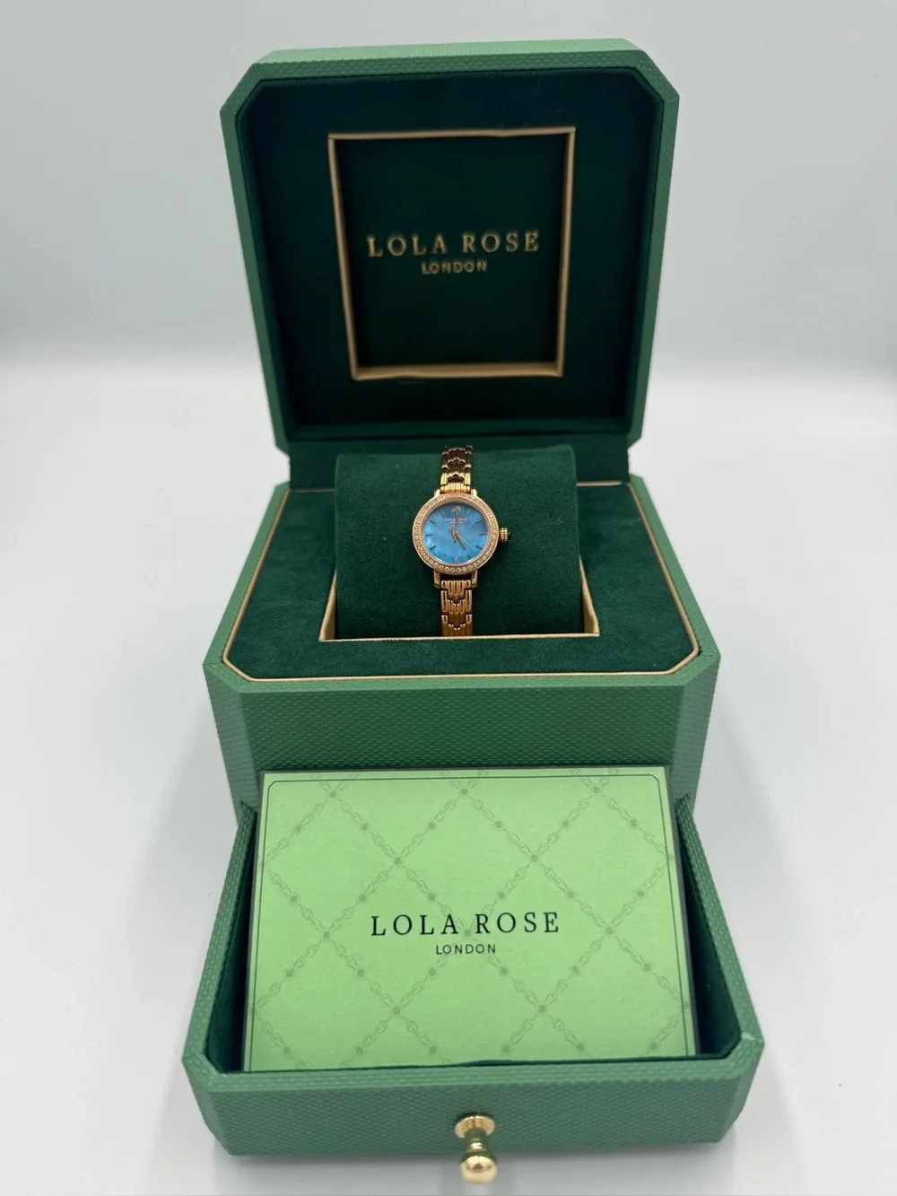 Show-stopper! LOLA ROSE, Rose-gold-tone Bracelet Watch, stunning ocean blue dial